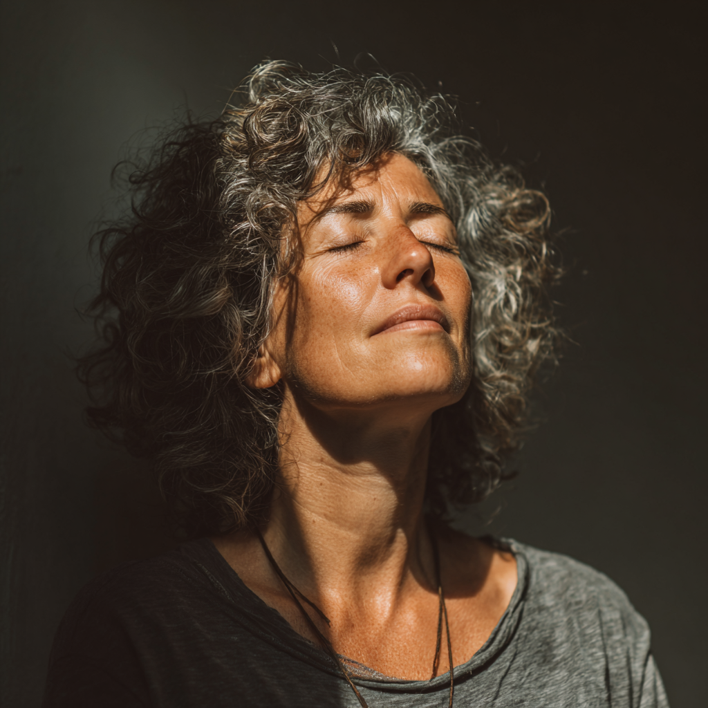 Mujer de 52 años meditando en una sala iluminada con luz natural, expresión serena y ojos cerrados