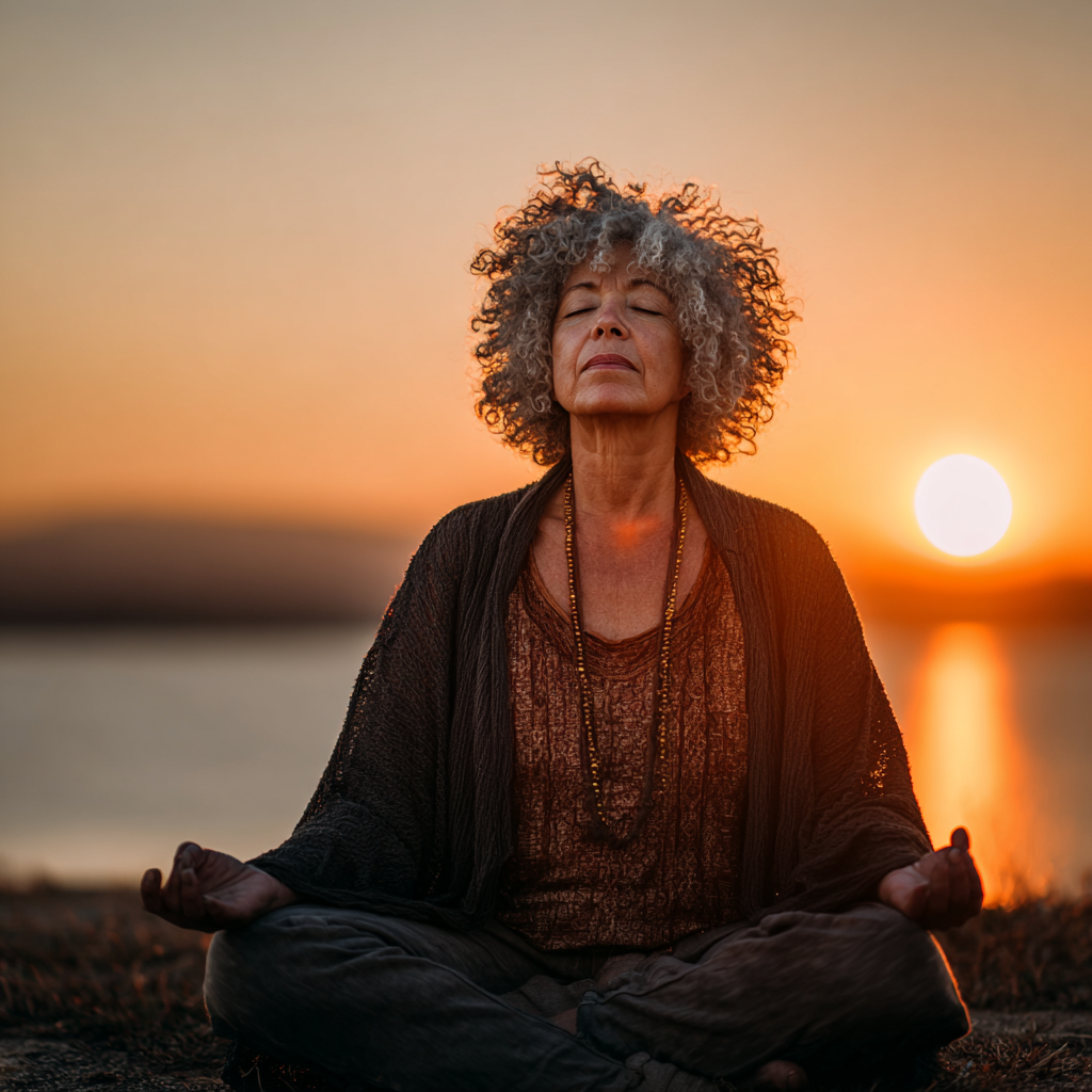 Mujer de 55 años practicando yoga en posición de loto al amanecer, expresando paz interior y serenidad