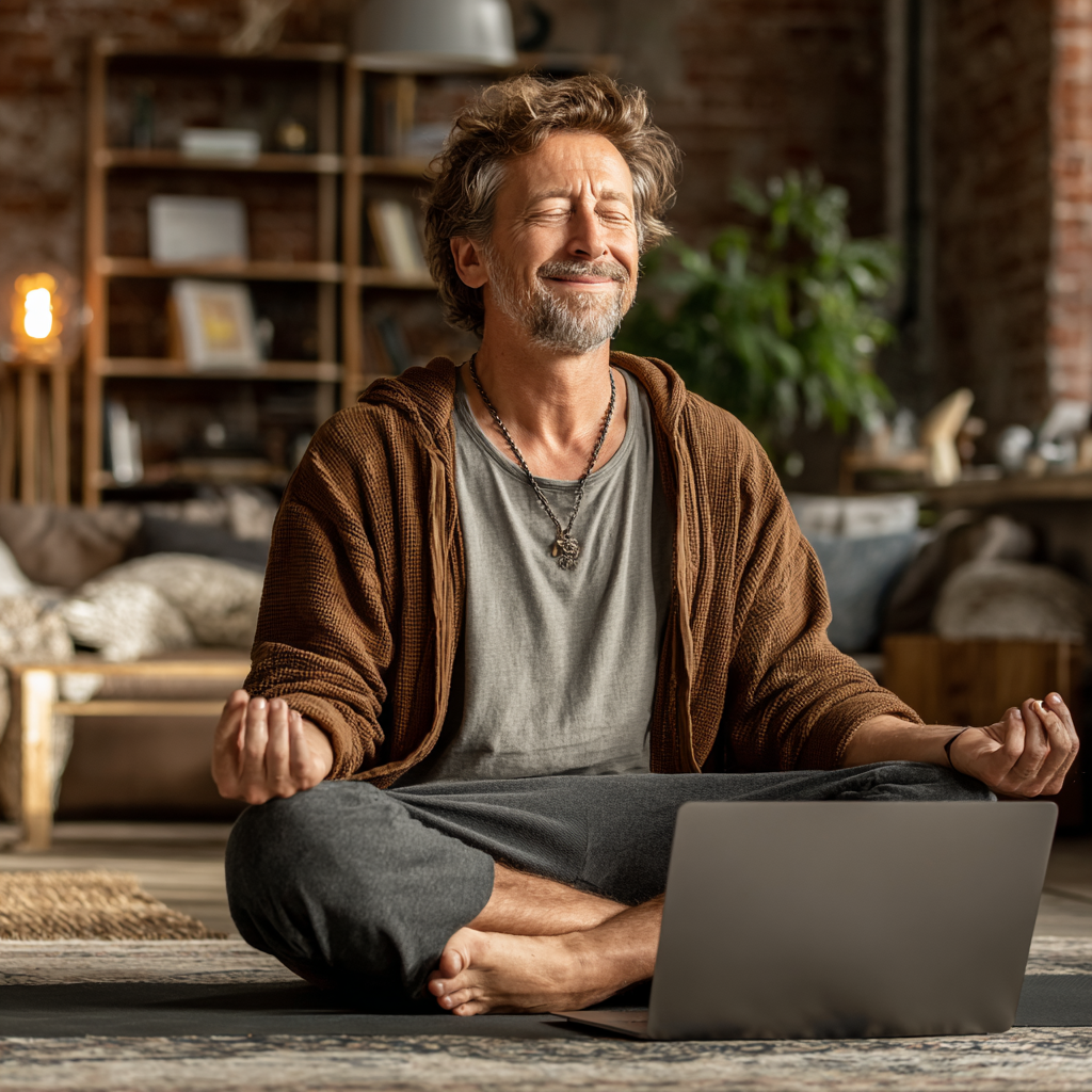Hombre de 58 años practicando yoga en su sala siguiendo una clase online en su laptop, sonriendo con satisfacción